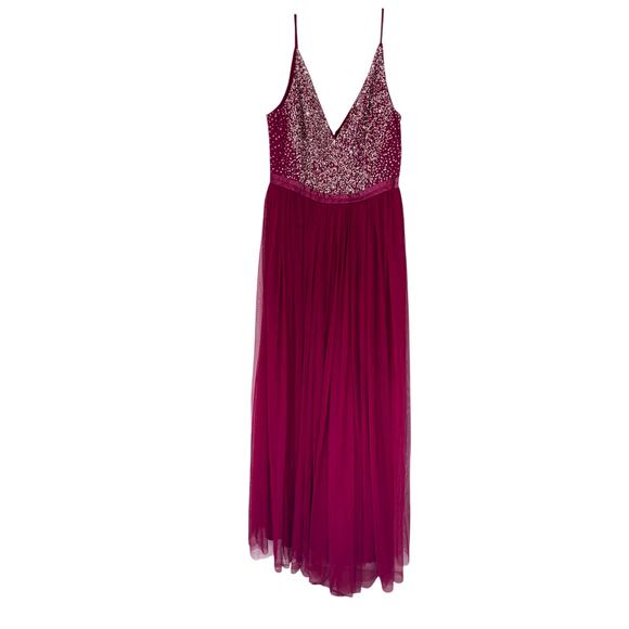 BHLDN Avery Beaded Tulle Gown Burgundy Formal Evening Maxi Dress Size 8 - Picture 2 of 12
